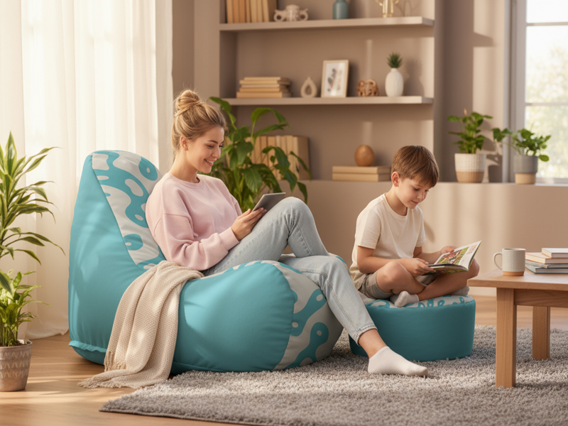 Sedací vak Chillin a sladěná taburetka v interiéru
